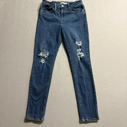 Levis 721 High Rise Skinny Jeans Womens 28x28 Distressed Blue Denim Stretch