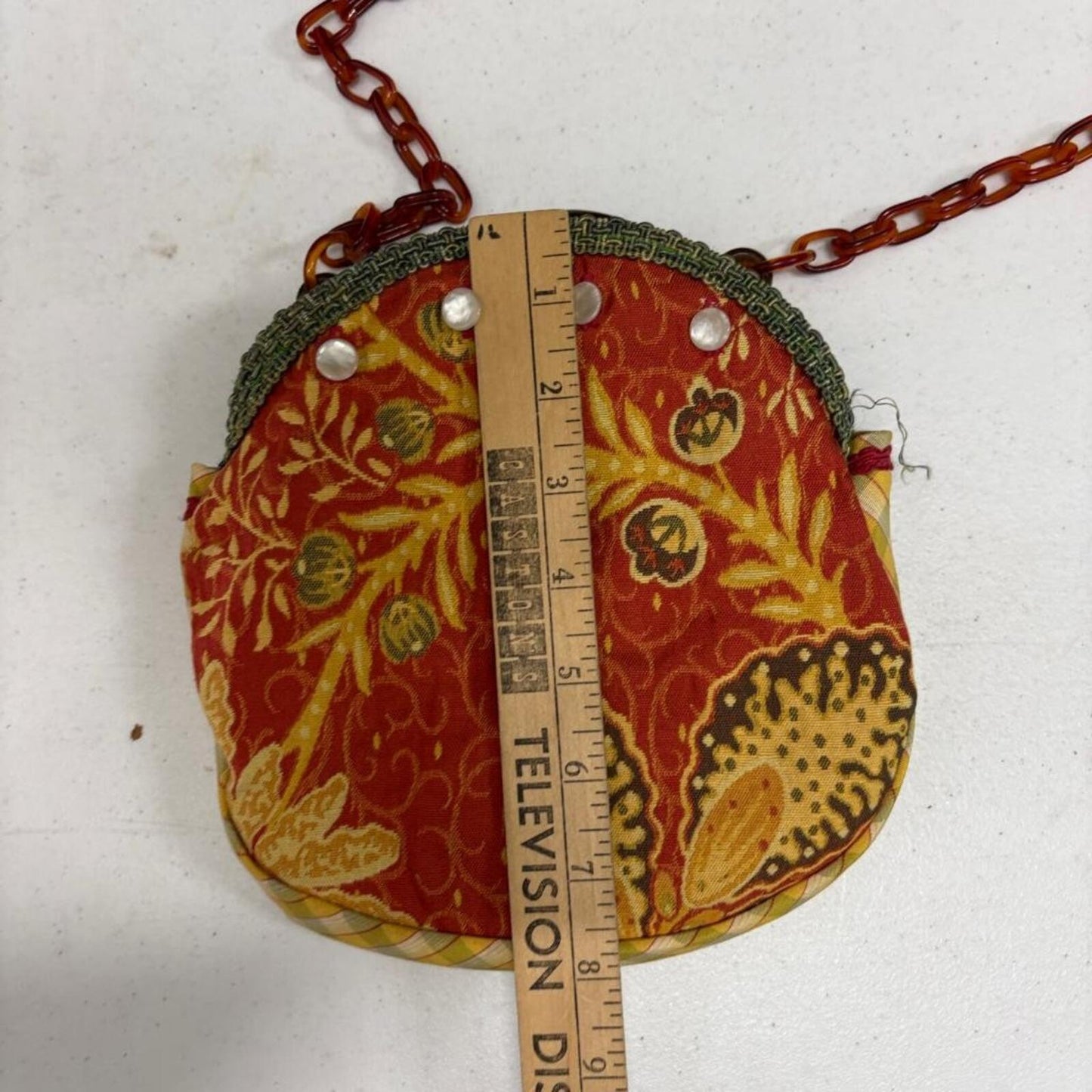 Vintage Handmade Fabric Purse Red Yellow Floral Pattern Tortoiseshell Chain