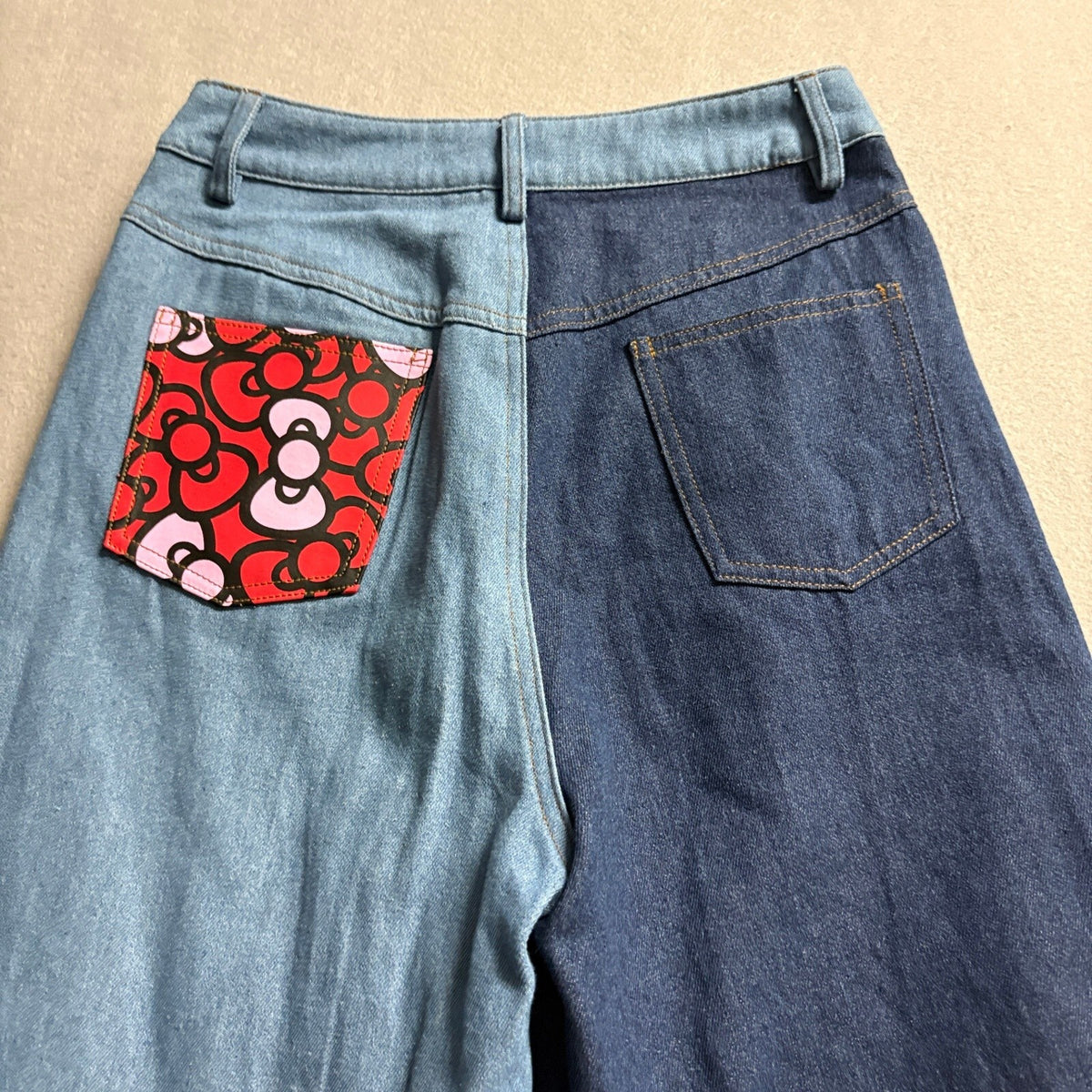 Shein Hello Kitty Wide Leg Jeans Womens Small Two Tone Blue Denim Colorblock