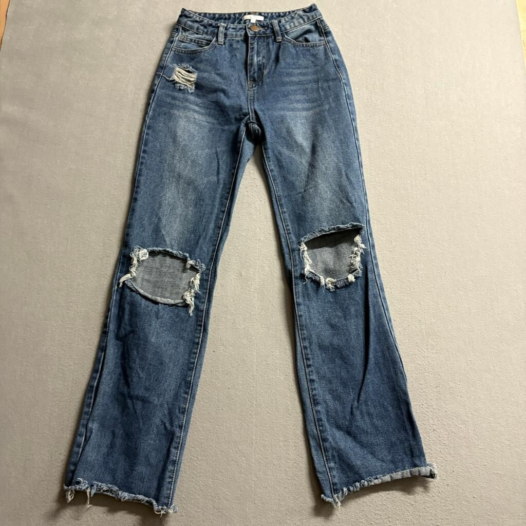 GB Girls Distressed High Rise Wide Leg Jeans Size 1 Blue Denim Raw Hem 100%