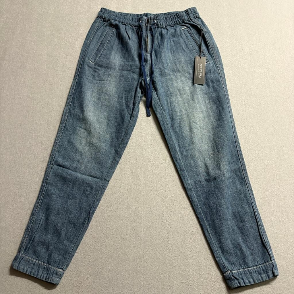 Active USA Womens Blue Denim Joggers Size S Elastic Drawstring Waist 100% Cotton
