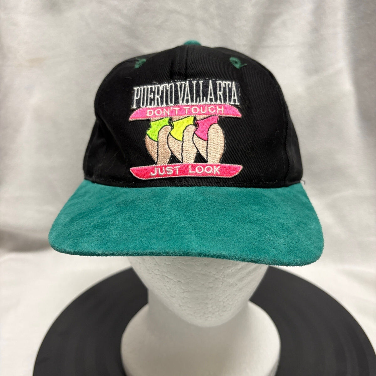 Vintage Puerto Vallarta Don't Touch Just Look Snapback Hat Suede Brim Black
