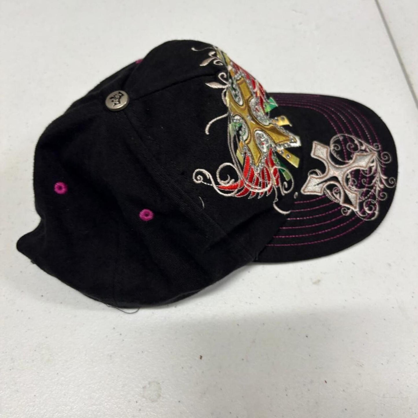 Classic Jolly Roger Womens Cross Rhinestone Baseball Cap Hat Black Adjustable