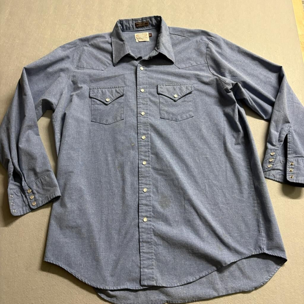 Vintage Winchester Western Shirt Mens 2XLT Blue Chambray Pearl Snap Long Sleeve