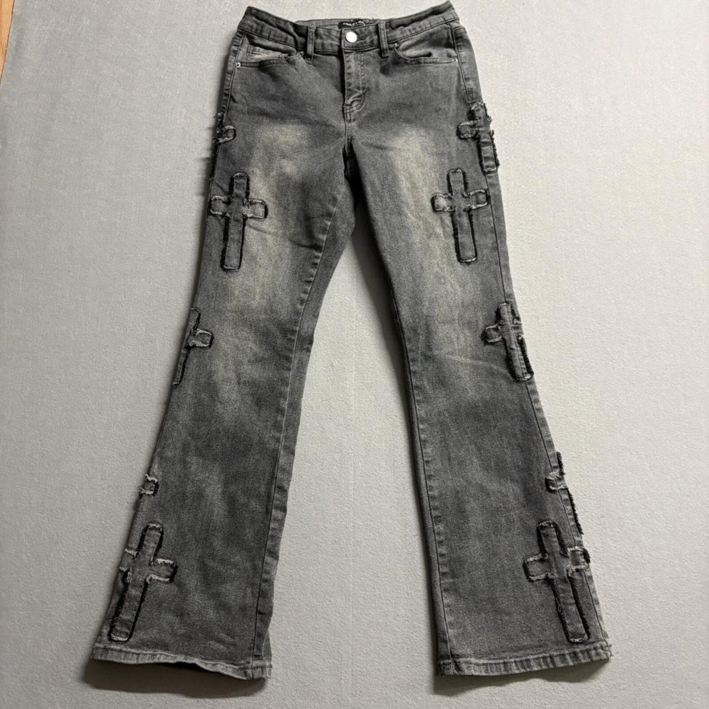 Ashley Mason Premium Cross Patch Flare Jeans Womens Size 5/27 Gray Denim
