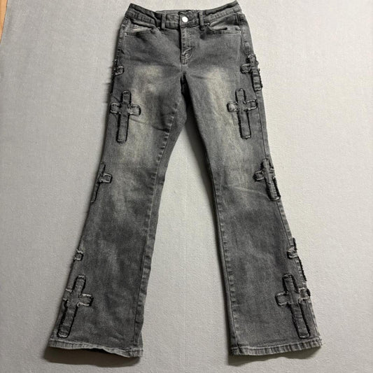 Ashley Mason Premium Cross Patch Flare Jeans Womens Size 5/27 Gray Denim
