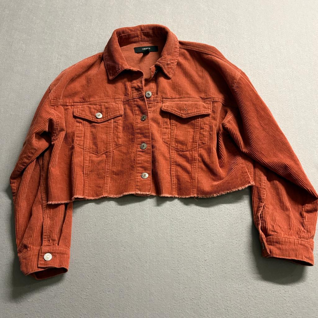 Forever 21 Corduroy Cropped Jacket Womens Medium Rust Orange Raw Hem Button Up