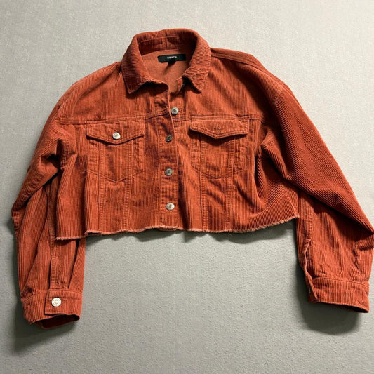 Forever 21 Corduroy Cropped Jacket Womens Medium Rust Orange Raw Hem Button Up