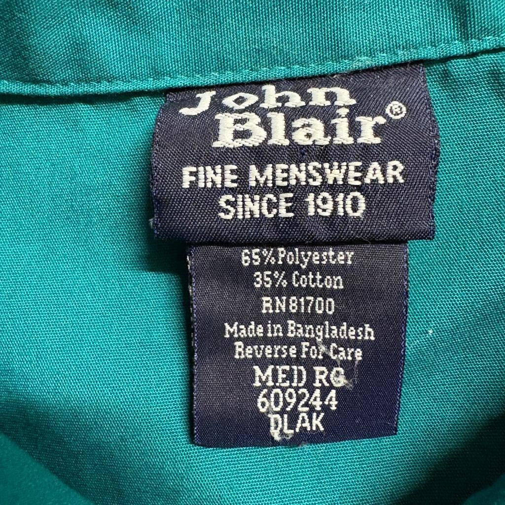 John Blair Mens Medium Green Short Sleeve Zip Up Guayabera Style Bomber Shirt