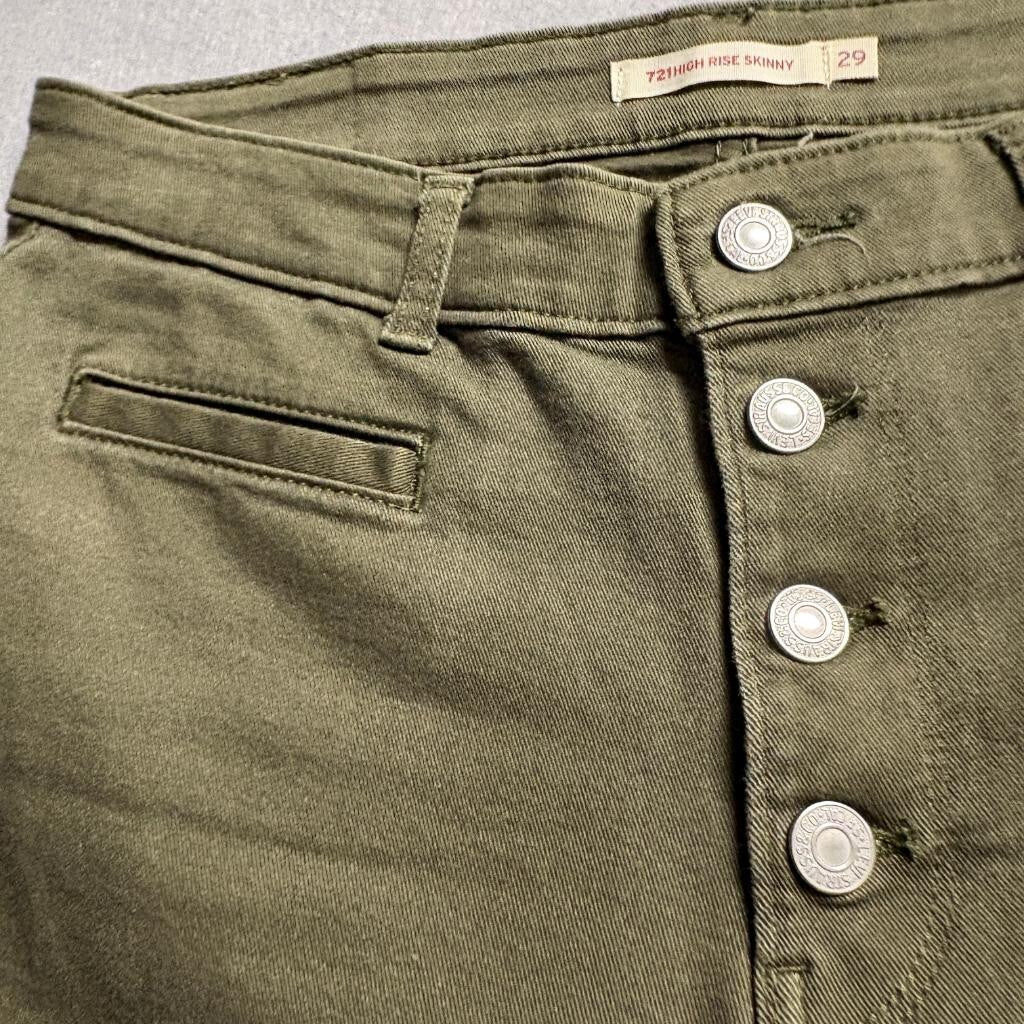 Levi's 721 High Rise Skinny Jeans Womens 29x30 Olive Green Button Fly Denim