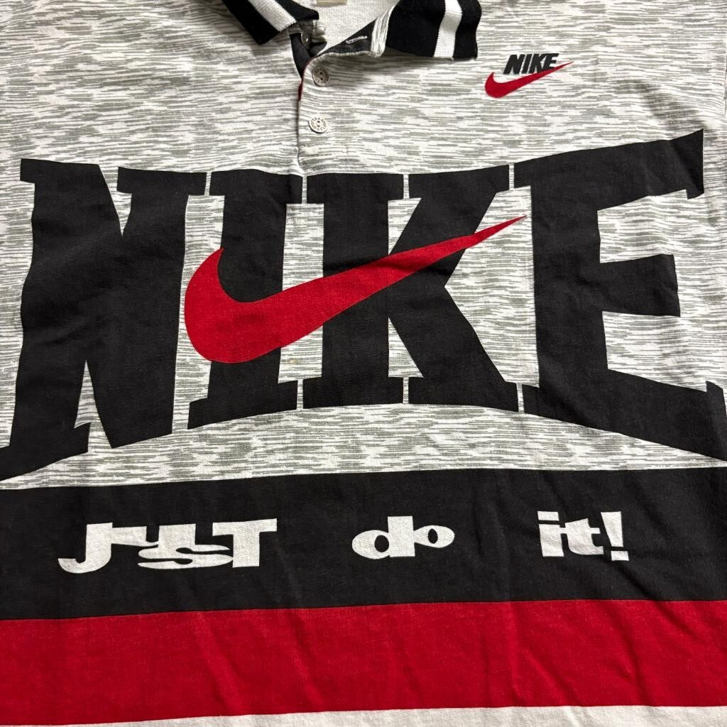 Vintage Nike Polo Shirt Mens Large Gray Red Spell Out Just Do It 90s Streetwear
