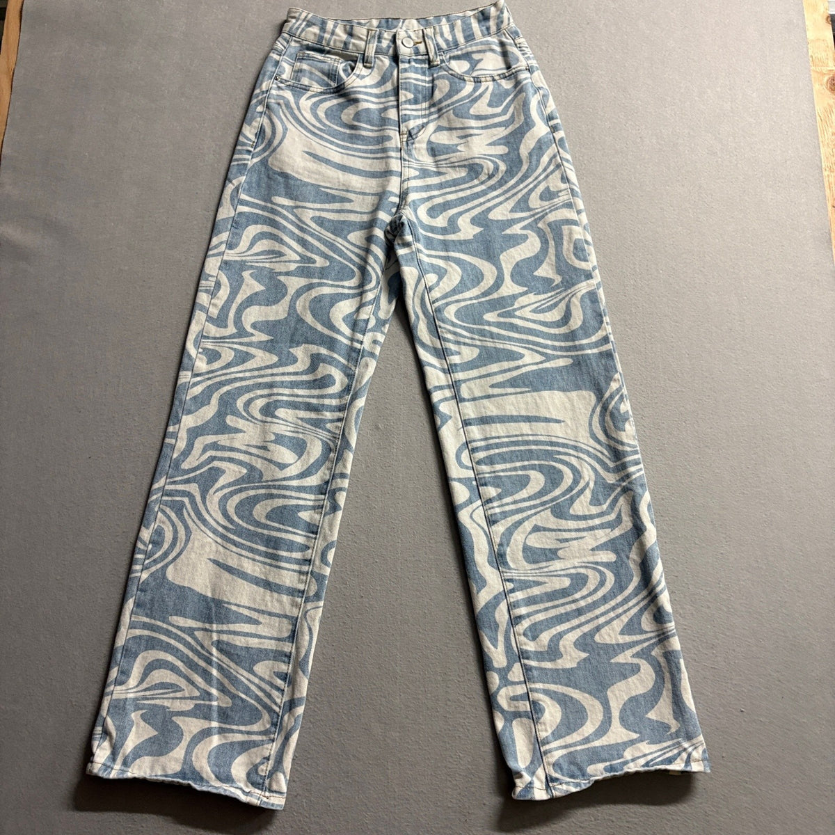 Shein Swirl Print Jeans Womens XS Blue White High Rise Straight Leg Denim Pants
