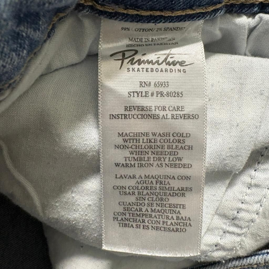 Primitive Skateboarding Jeans Mens 36x30 Blue Denim Stretch Skateboard Pants