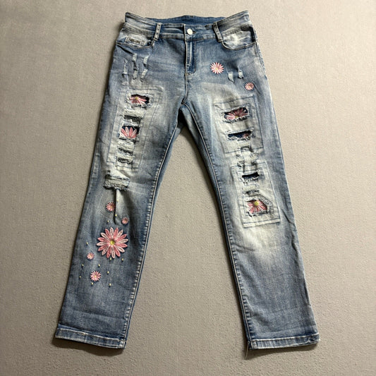 Coco Carmen Daisy Embroidered Distressed Jeans Womens Size M Medium Blue Denim