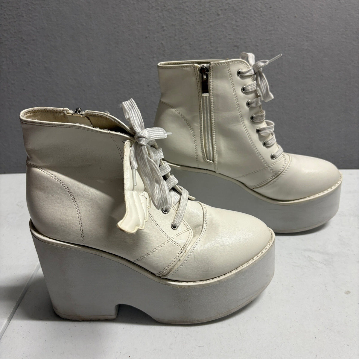 Platform Angel Wing Ankle Boots White Faux Leather Chunky High Heel Women Size