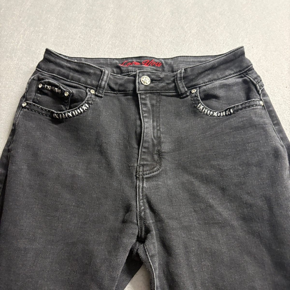 Love You Jeans Womens 13/14 Black Embroidered Rhinestone Pocket Bootcut Stretch