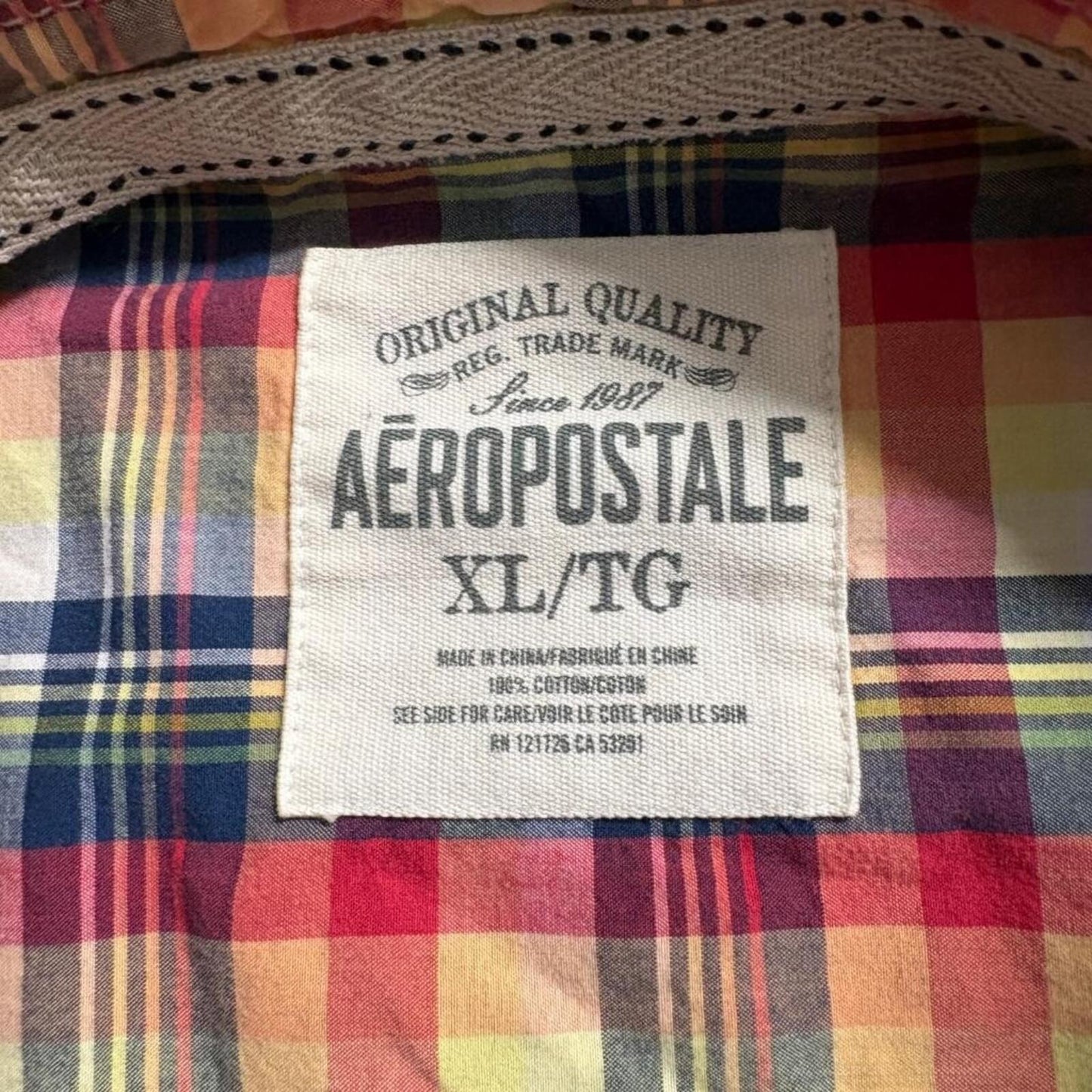 Aeropostale Plaid Shirt Mens XL Short Sleeve Button Up Red Yellow Blue Cotton
