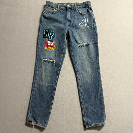 No Boundaries Distressed Patch Jeans Womens Blue Medium Wash Straight Leg Denim