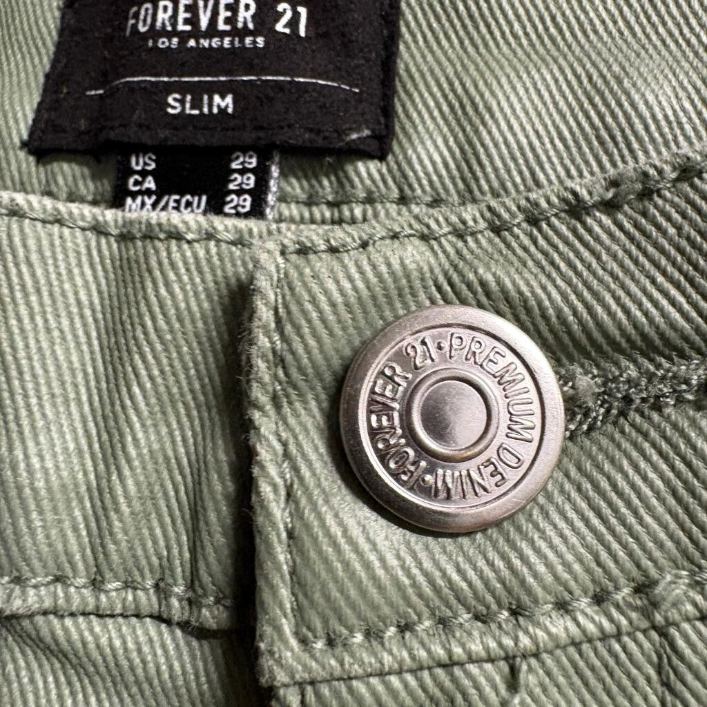 Forever 21 Slim Biker Jeans Mens 29 Olive Green Moto Ribbed Denim Pants