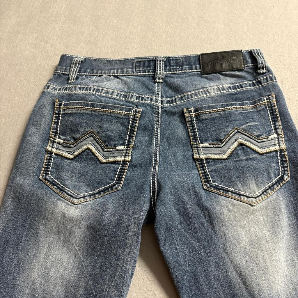 True Luck Jeans Mens 30x30 Blue Denim Thick Stitch Straight Leg Frayed Hem