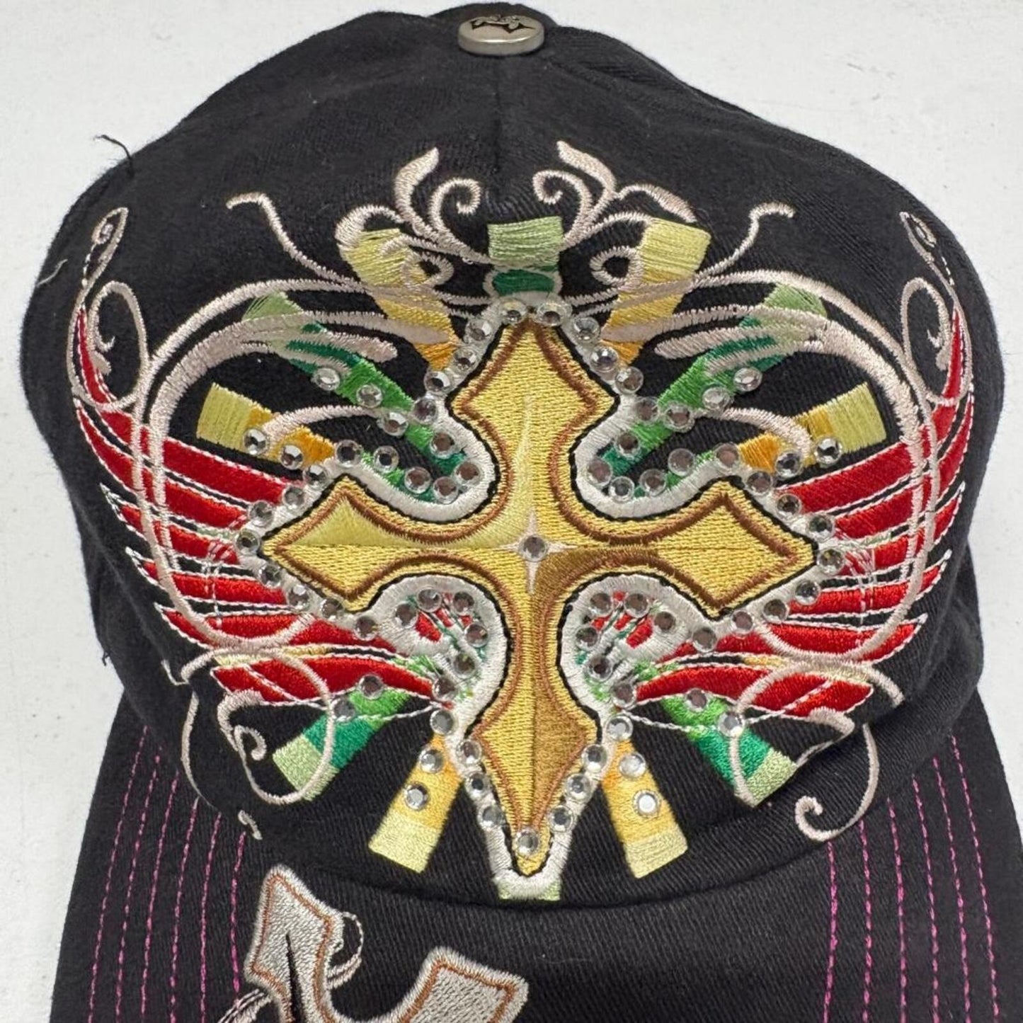 Classic Jolly Roger Womens Cross Rhinestone Baseball Cap Hat Black Adjustable