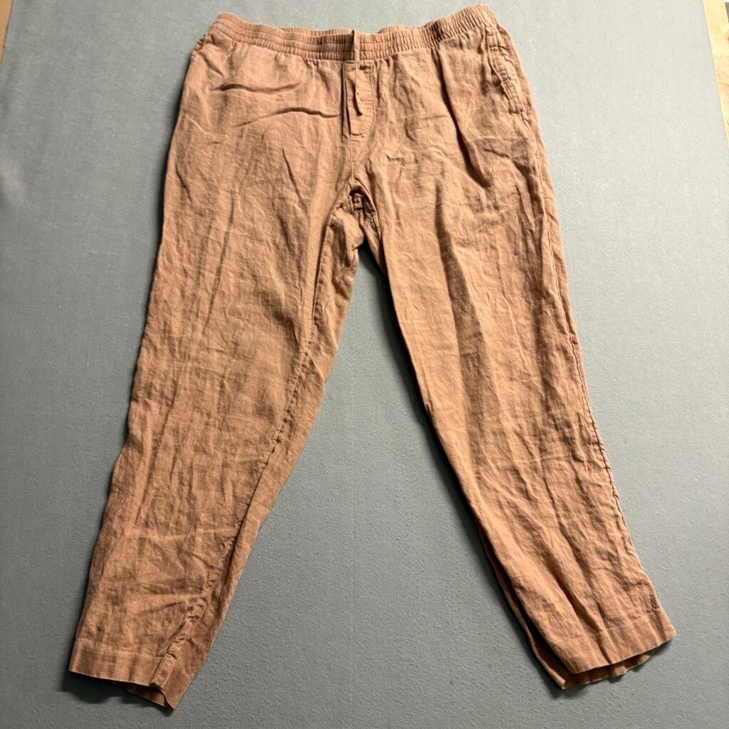 H&M 100% Linen Pants Womens XL Brown Elastic Waist Regular Fit Casual