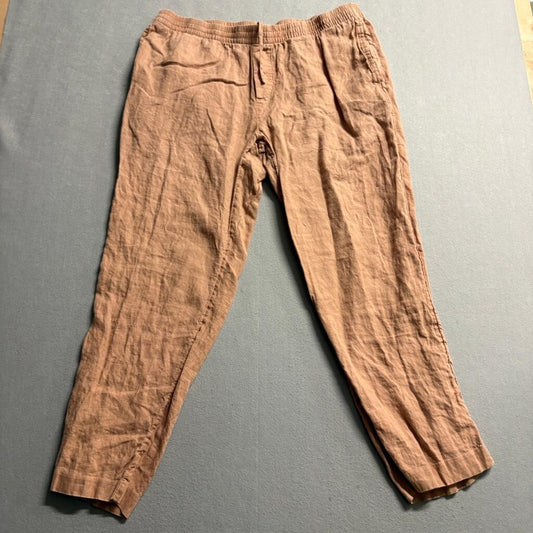 H&M 100% Linen Pants Womens XL Brown Elastic Waist Regular Fit Casual