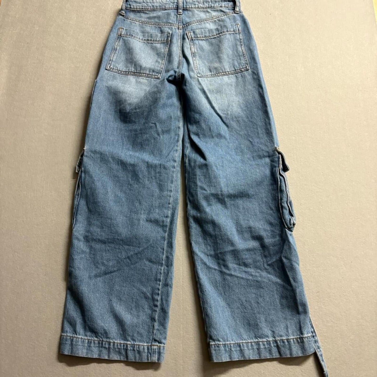 Wild Fable Mid Rise Baggy Cargo Jeans Womens Size 0 Blue Denim Wide Leg Pants