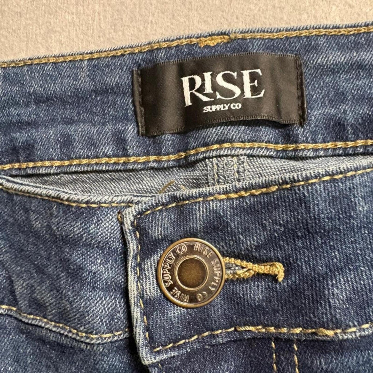 Rise Supply Co Flare Jeans Womens Size 11 Blue Denim Raw Hem Stretch Mid Rise
