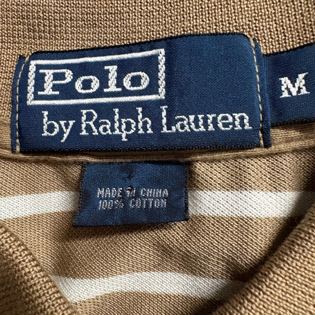 Polo Ralph Lauren Shirt Mens Medium Brown White Striped Short Sleeve Cotton Polo