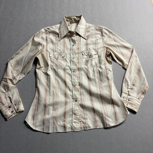Vintage 70s Western Pearl Snap Shirt Mens Medium Beige Brown Stripe Made in USA