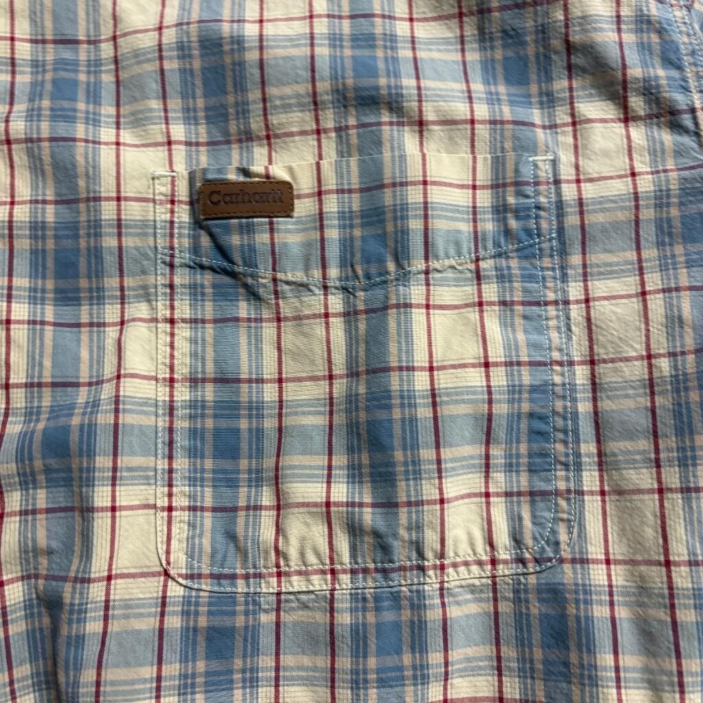 Carhartt Plaid Shirt Mens 2XL Blue Beige Red Short Sleeve Cotton Button Up