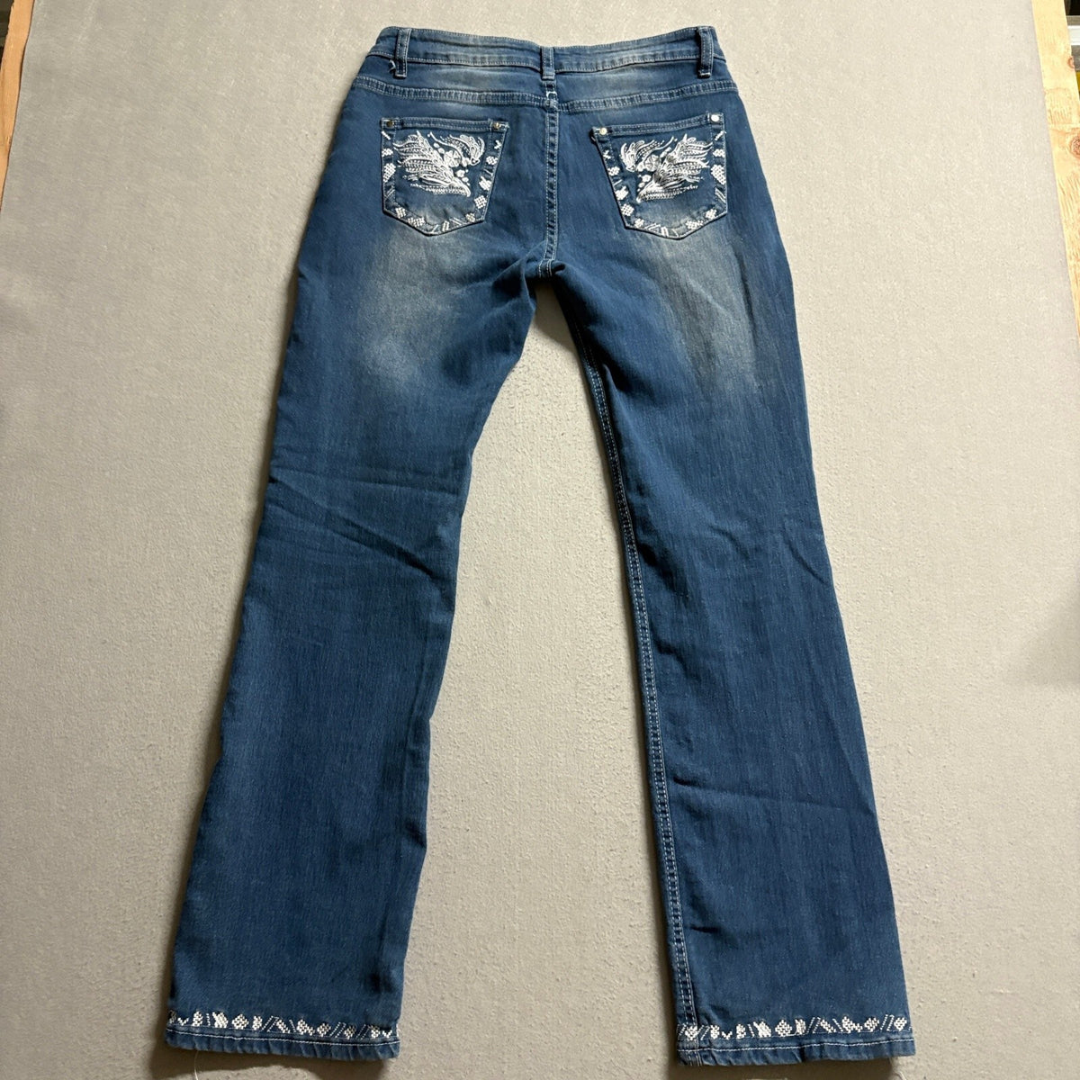 Womens Embroidered Bootcut Blue Jeans Size L Western Feather Pocket Accents