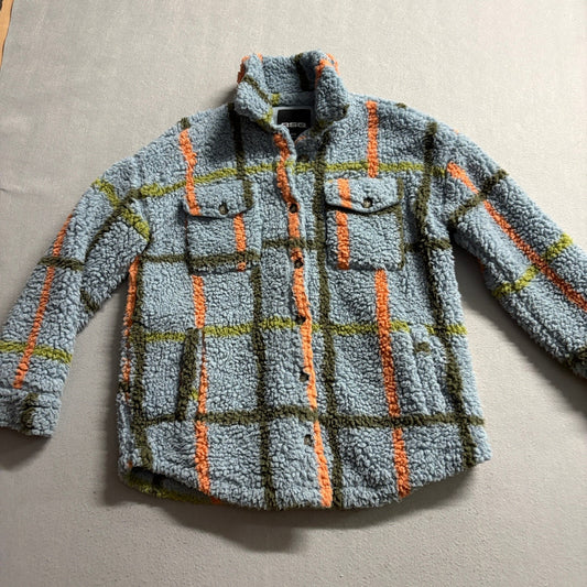 RSQ Sherpa Shacket Womens Large Blue Orange Plaid Fleece Button Up Jacket