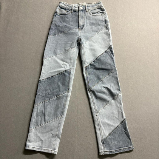 Almost Famous Colorblock Patchwork Jeans Womens Size 1 Blue High Rise Straight