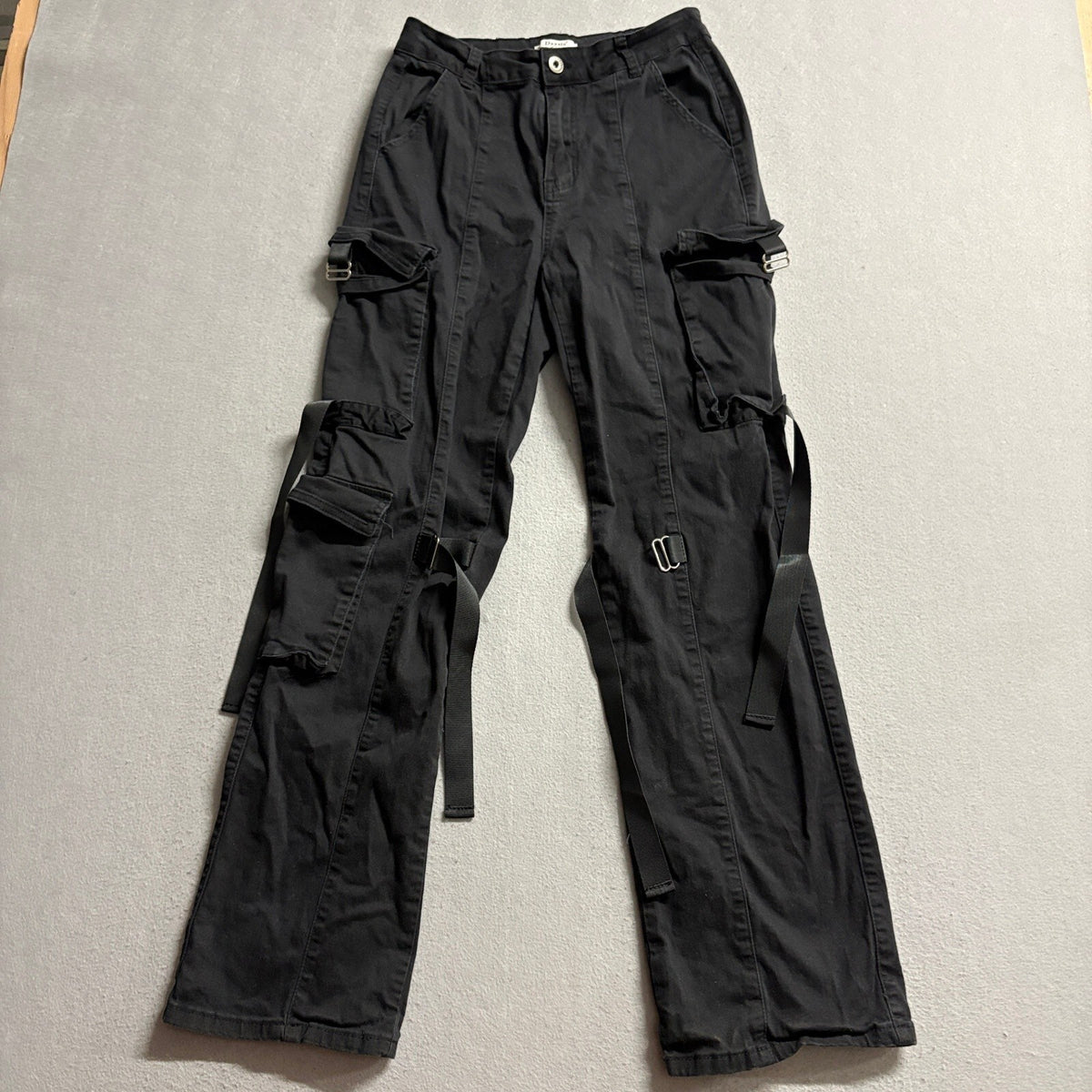 Daysie Women's Black Cargo Pants Straps Buckles Techwear Y2K Goth Size 10 /