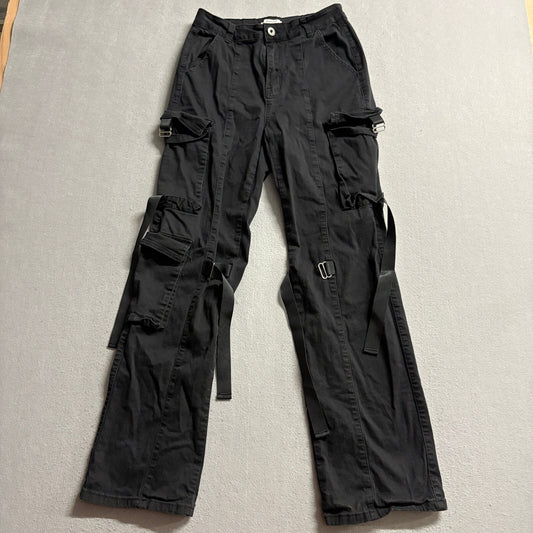 Daysie Women's Black Cargo Pants Straps Buckles Techwear Y2K Goth Size 10 /