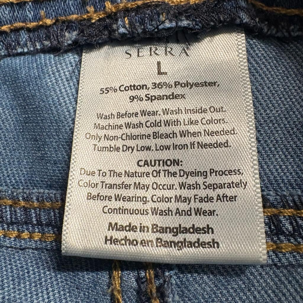 Serra Women Blue Denim Wide Leg Crop Pants Size L Pull On Stretch Raw Hem