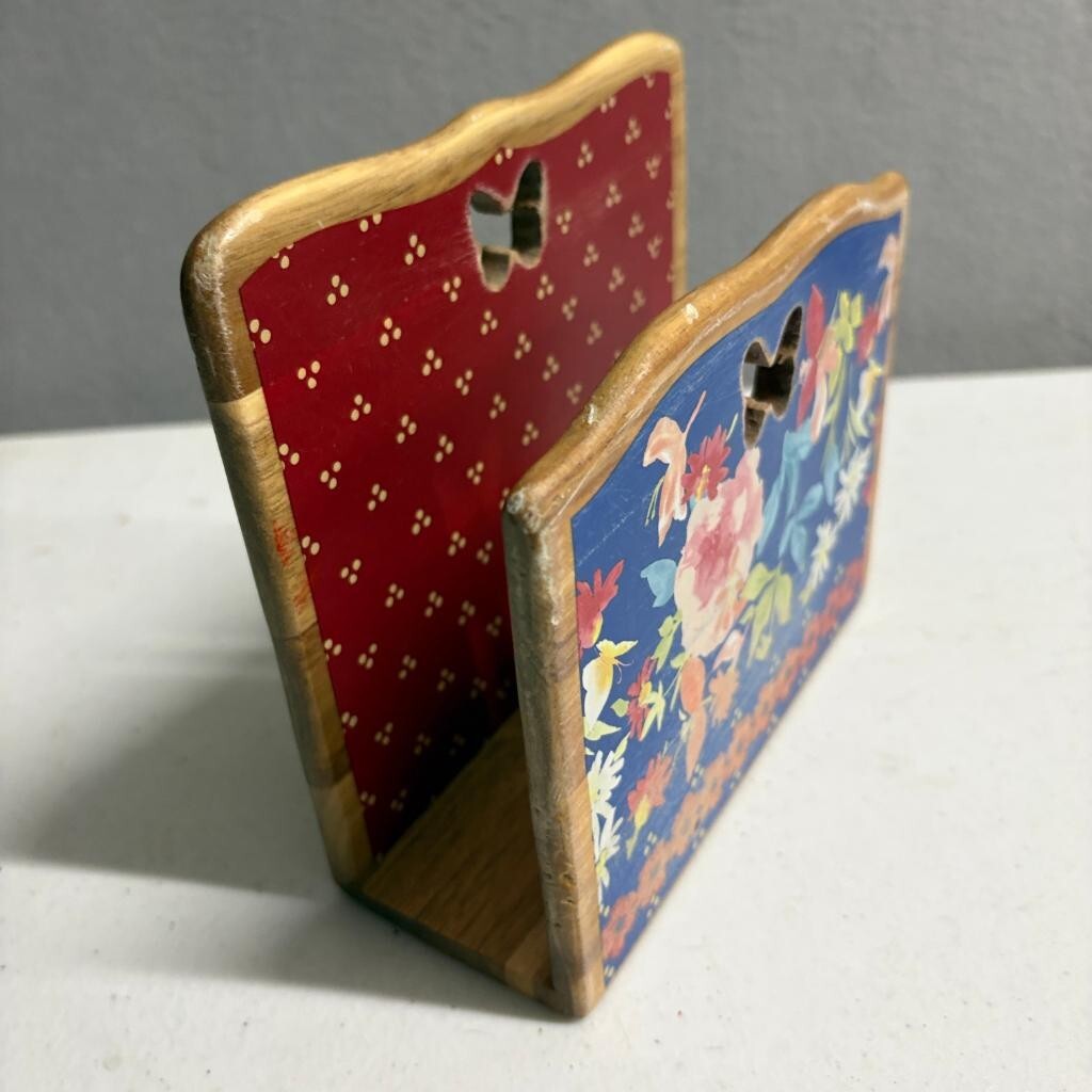 The Pioneer Woman Wooden Napkin Holder Floral Butterfly Cutout Blue Red PW1666