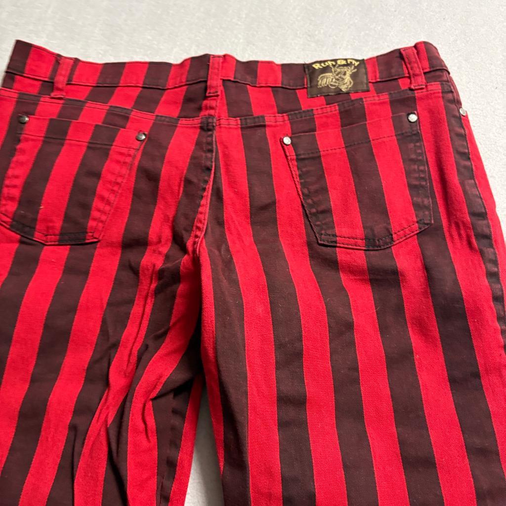Run & Fly Striped Jeans Womens 18 Red Black Punk Goth Rockabilly Skinny Pants UK