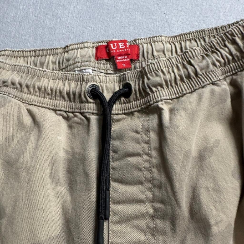 Guess Los Angeles Mens Small Camo Jogger Pants Khaki Logo Tape Side Stripe