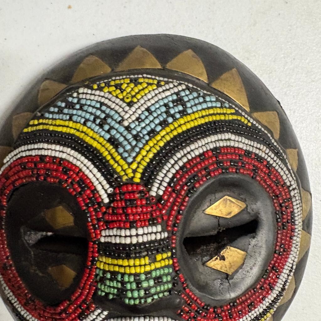 African Beaded Wood Mask Hand Carved Round Tribal Wall Hanging Brass Accents 7in
