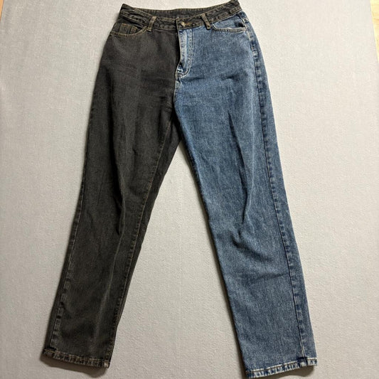 Shein Colorblock Two Tone Jeans Womens Medium Blue Black High Rise Straight Leg