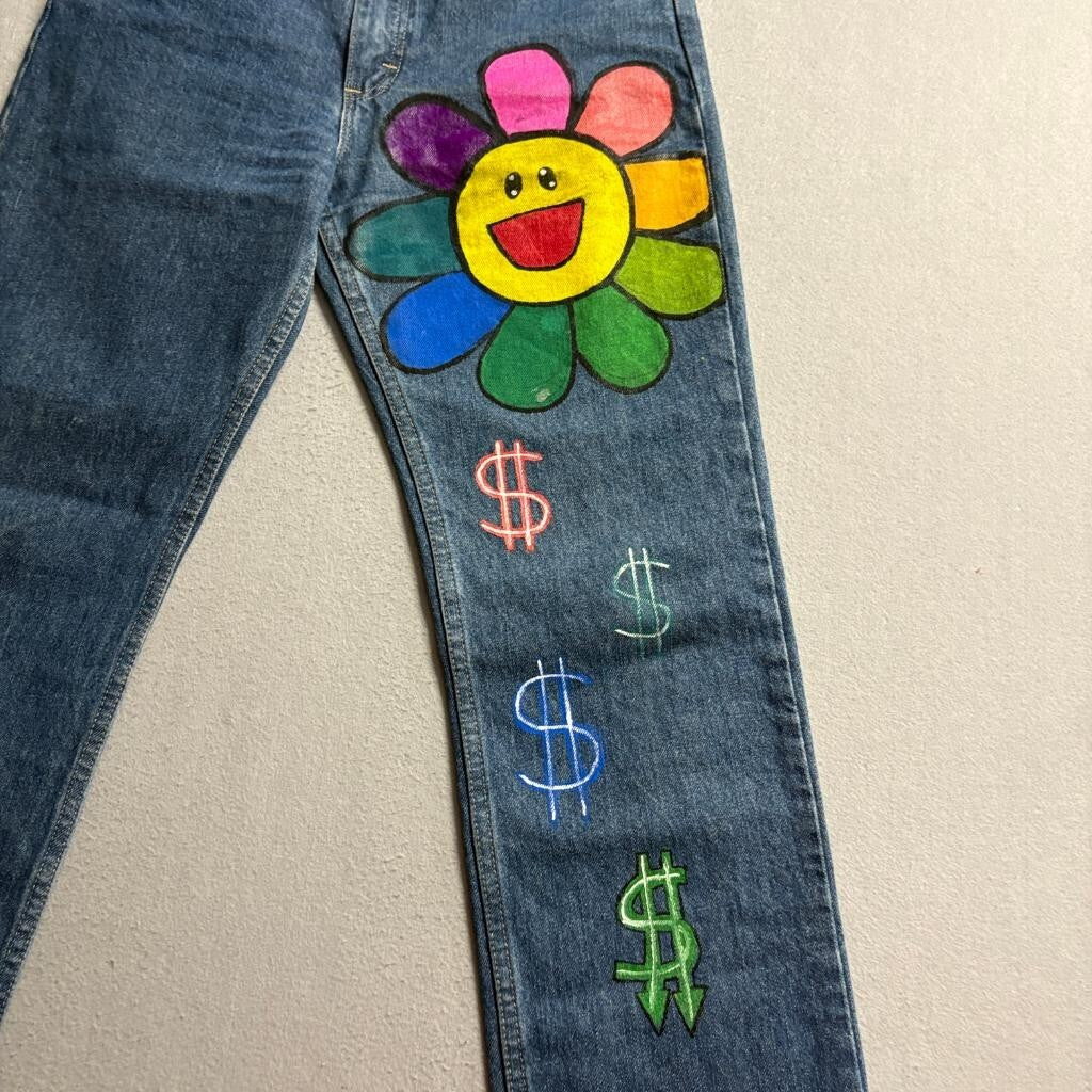 Wrangler Custom Painted Jeans Mens 29x32 Takashi Murakami Style Flower Dollar