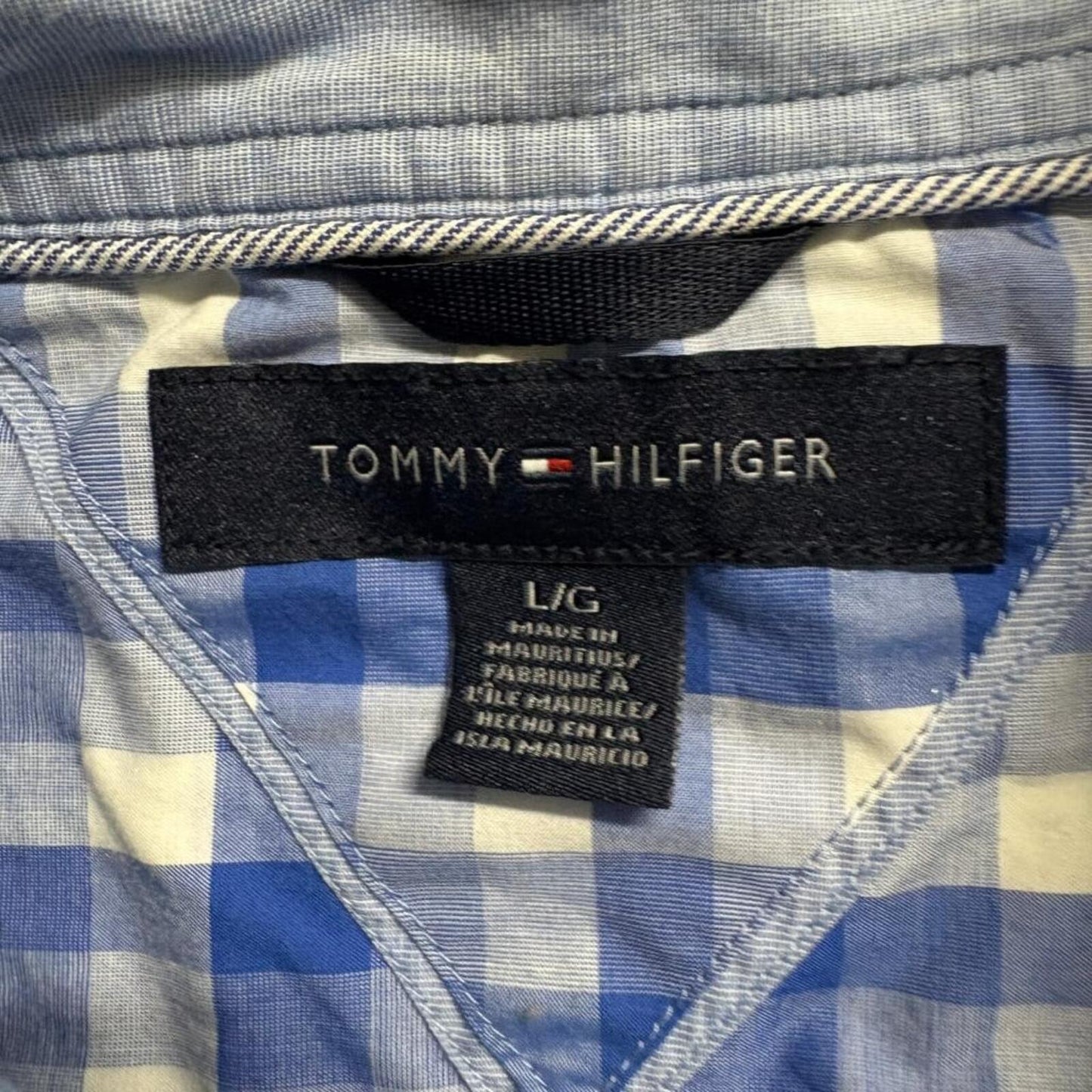 Tommy Hilfiger Shirt Mens Large Blue White Gingham Plaid Long Sleeve Button Up