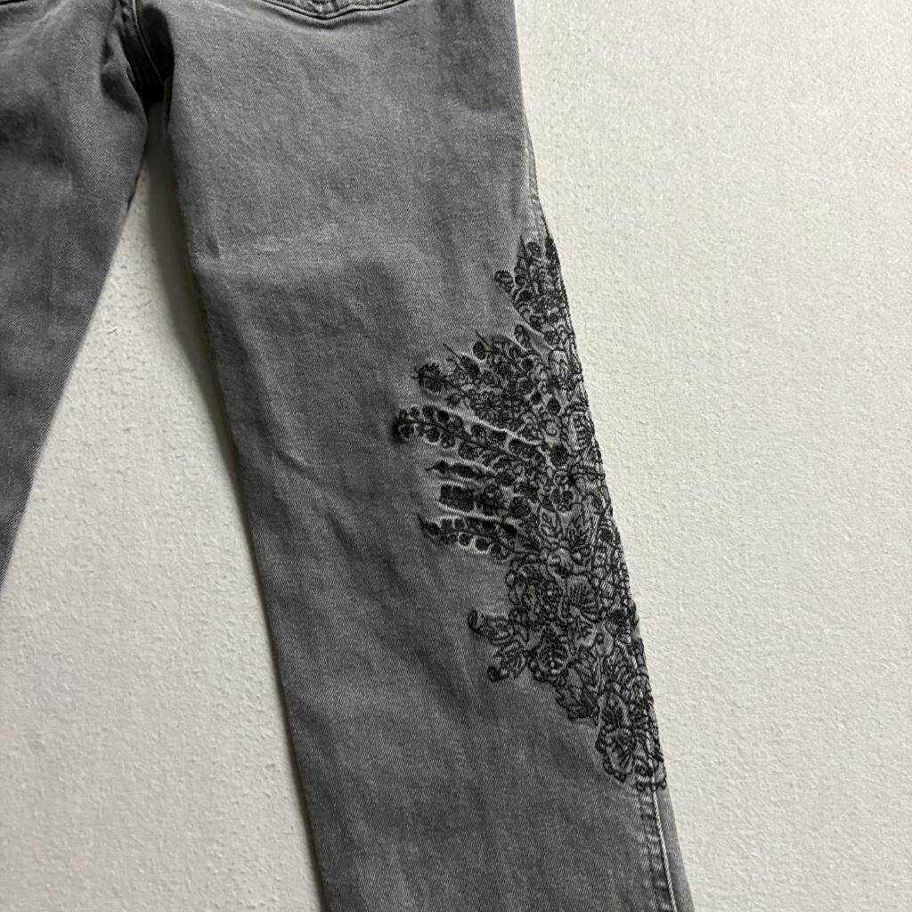 We The Free Free People Embroidered Jeans Womens 26 Gray Raw Hem Floral Crop