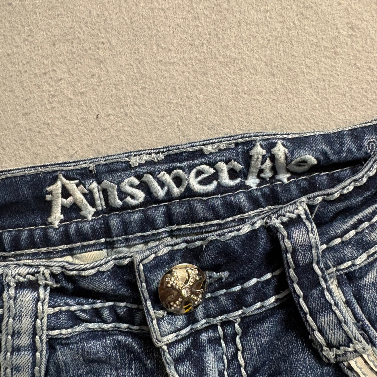 Answer Me Bootcut Jeans Womens 3/30 Blue Denim Thick Stitch Rhinestone Cross Y2K