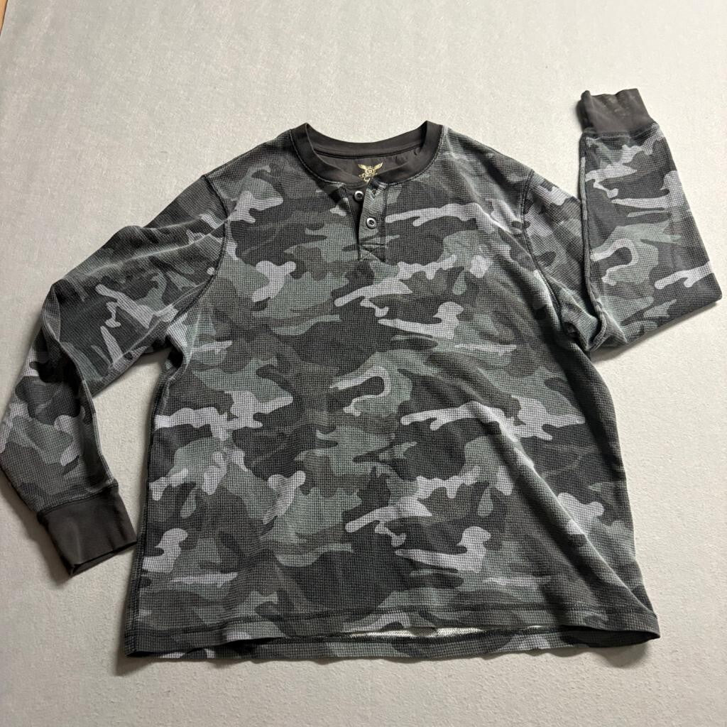 Faded Glory Camo Henley Shirt Mens Large Gray Green Waffle Knit Long Sleeve