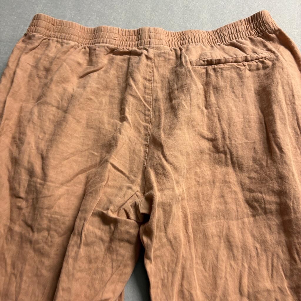 H&M 100% Linen Pants Womens XL Brown Elastic Waist Regular Fit Casual