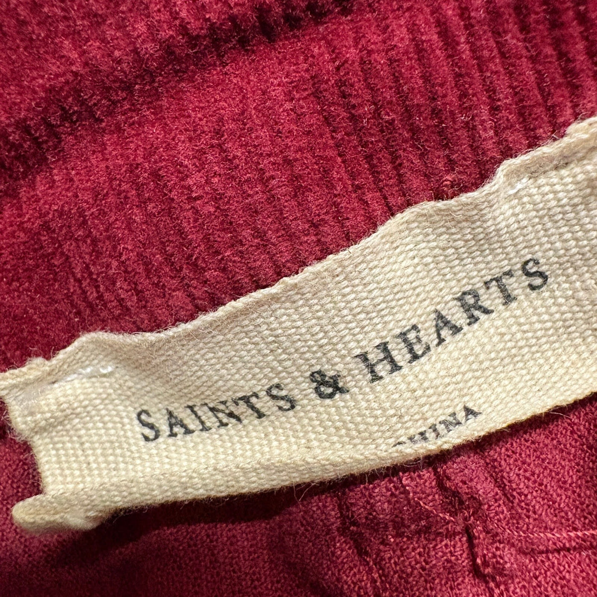 Saints & Hearts Corduroy Flare Pants Large Red Raw Hem High Rise Stretch Bell